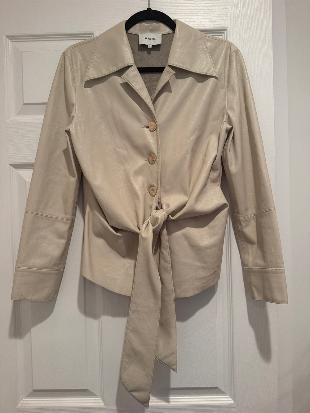 Nanushka Cream Tie-Waist Vegan Leather Jacket